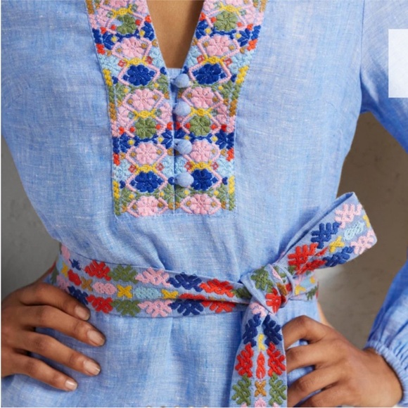 Boden Leonie Embroidered Long Sleeve Linen caftan in blue - Picture 5 of 15